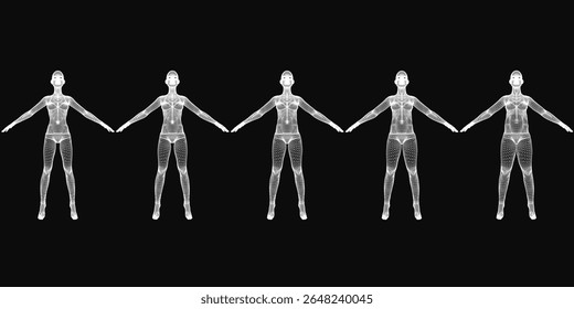 Cinco diversas figuras humanas estão em uma linha com os braços estendidos contra um fundo preto. O grupo renderizado em 3D inclui indivíduos finos e encorpados, criando um impressionante contraste visual.