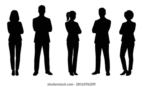 Five diverse people standing with arms crossed in a neutral pose
