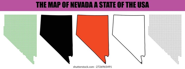 Five diverse vector illustrations depict the unique outline of Nevada state a geographical region of the USA Variations include solid colors like black and orange a green dotted pattern a black dotted pattern and a clean black outline all presented on a crisp white background