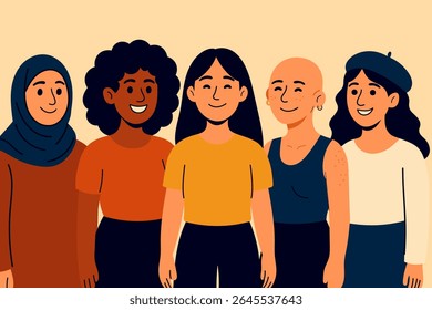 five diverse women standing side by side and smiling. one wearing a hijab, one bald, one with freckles. Concept of unity, inclusion, empowerment, and global sisterhood