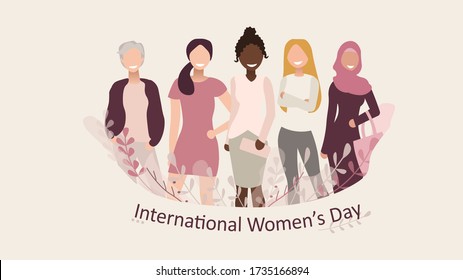 Five diversions of women standing together. A group of like-minded activists on a molehill. The concept of feminism and equality. Hand drawn International Women's Day greeting card. Girl power poster.