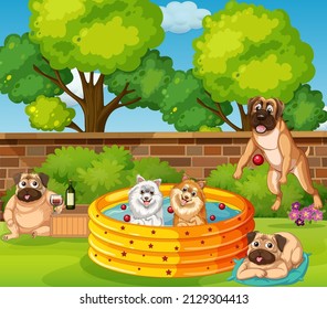 Five dogs playing in the garden illustration