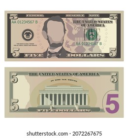 Five dollar bill, 5 US dollars banknote, from obverse and reverse. Simplified vector illustration of USD isolated on a white background