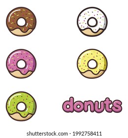 Five donuts with various flavors, chocolate, strawberry, cheese, banana, melon.