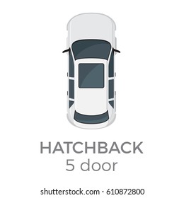 Five doors hatchback top view icon. Modern passenger car roof view with text flat vector isolated on white. Personal passenger vehicle illustration for urban transport concepts and infographics
