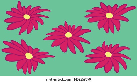five drawn various dark pink daisies with a yellow center on a turquoise background