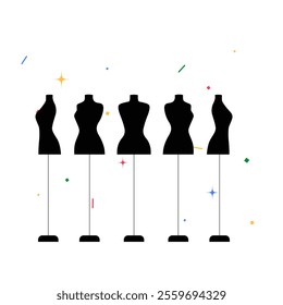 Five Dressmaker Mannequins In Flat Vector Illustration Symbolizing Fashion Design, Sewing, And Tailoring, Isolated On White Background