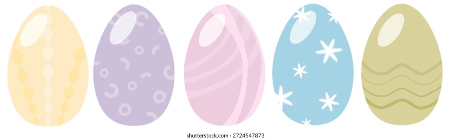 Cinco ovos de Páscoa decorados em cores pastel. Cada ovo exibe um padrão único, oferecendo uma coleção diversificada de decorações pastel Páscoa.