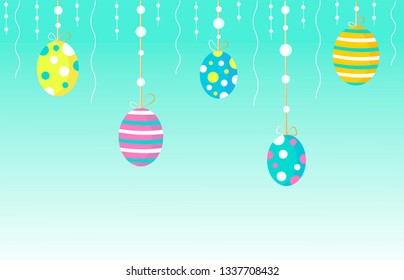 Five Easter eggs hang on a thread, blue background
