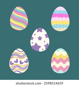 Five Easter eggs with various patterns and colors stripes, polka dots, stars, and waves on a teal background.
