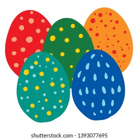 Fünf Eier in mehrfarbiger Farbe mit vielen Designs auf der Vektorfarbzeichnung oder Vektorgrafik