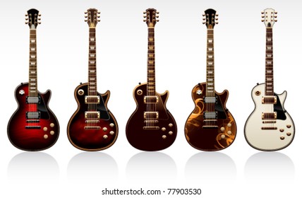 five electric guitars on a white background