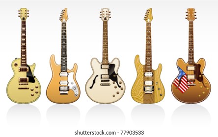 five electric guitars on a white background