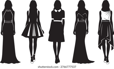 Five elegant silhouettes showcasing diverse formal gown designs for special occasions silhouette vector icon