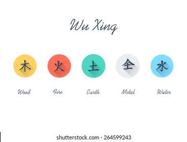 Five Element Flat Icon Set - Chinese Wu Xing symbols