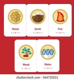Five elements of feng shui in flat design: fire, water, wood, earth, metal. Web design banner, layout, cards. Chinese philosophy. Natural concept. Gong