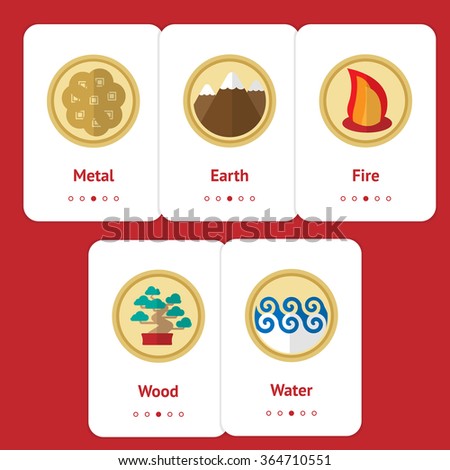 Five elements of feng shui in flat design: fire, water, wood, earth, metal. Web design banner, layout, cards. Chinese philosophy. Natural concept. Gong