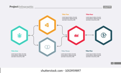 Five elements flowchart slide template. Business data. Result, diagram, design. Creative concept for infographic, presentation, report. Can be used for topics like workflow, planning, strategy.