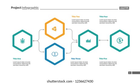Five elements flowchart slide template. Business data. Result, diagram, design. Creative concept for infographic, presentation, report. Can be used for topics like workflow, planning, strategy.