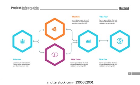Five elements flowchart slide template. Business data. Result, diagram, design. Creative concept for infographic, presentation, report. Can be used for topics like workflow, planning, strategy.