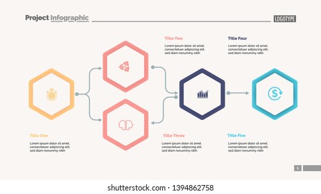 Five elements flowchart slide template. Business data. Result, diagram, design. Creative concept for infographic, presentation, report. Can be used for topics like workflow, planning, strategy.