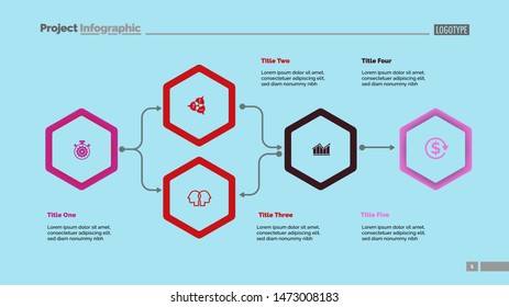 Five elements flowchart slide template. Business data. Result, diagram, design. Creative concept for infographic, presentation, report. Can be used for topics like workflow, planning, strategy.