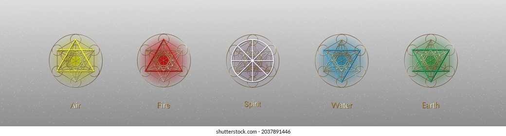 cinco elementos iconos y símbolo Magic Spirit, símbolos Gold round set plantilla. Aire, fuego, agua, símbolo de tierra. Pictograma Señales de alquimia aisladas en el fondo de la galaxia estrellada. Elementos vectoriales coloridos