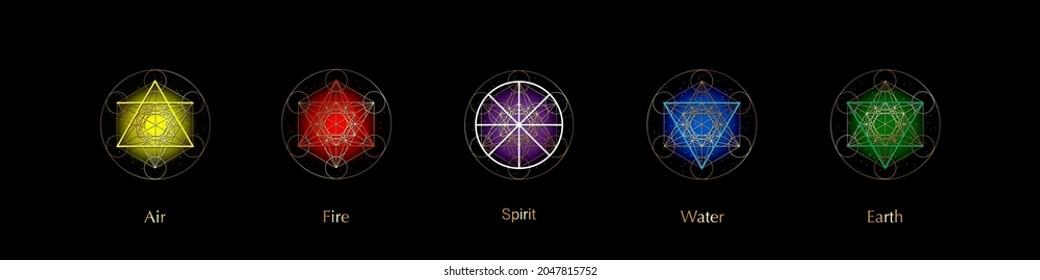 five elements icons and Magic Spirit symbol, Gold round symbols set template. Air, fire, water, earth four symbol. Pictograph Alchemy signs isolated on black background. Colorful vector elements