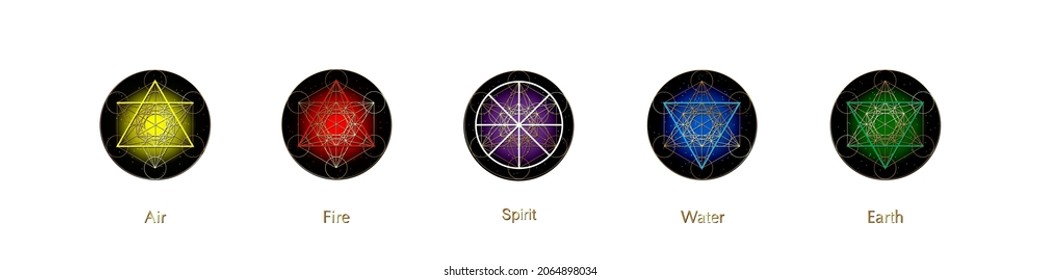 five elements icons and Magic Spirit symbol, Gold round symbols set template. Air, fire, water, earth four symbol. Pictograph Alchemy signs isolated on white background. Colorful vector elements