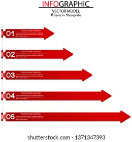 Five elements of infographics in the form of red arrows.Can be used as a business,advertising,presentation,process diagram,workflow layout,banner,flow chart,info graph,concepts,tables.Info background