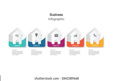 
five elements with paper icons and place the text into white circle paper. Concept 5 accentuates business development. Infographic design template. Vector illustration.