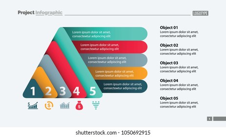 Five elements process chart slide template. Business data. Review, diagram, design. Creative concept for infographic, presentation, report. Can be used for topics like marketing, finance, production.