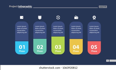 Five elements process chart slide template. Business data. Model, comparison, design. Creative concept for infographic, presentation, report.