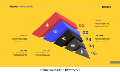 Five elements process chart slide template. Business data. Number, step, design. Creative concept for infographic, presentation, report. Can be used for topics like marketing, research, banking.
