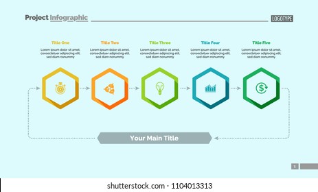Five elements process chart slide template. Business data. Cycle, step, design. Creative concept for infographic, presentation, report. For topics like training, teamwork, finance.