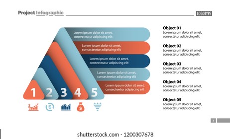 Five elements process chart slide template. Business data. Review, diagram, design. Creative concept for infographic, presentation, report. Can be used for topics like marketing, finance, production.
