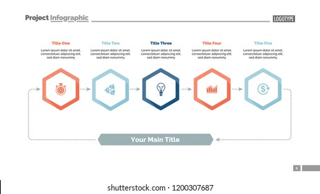 Five elements process chart slide template. Business data. Cycle, step, design. Creative concept for infographic, presentation, report. For topics like training, teamwork, finance.