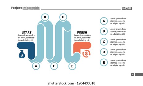 Five elements process chart slide template. Business data. Point, diagram, design. Creative concept for infographic, presentation. Can be used for topics like management, production, banking.