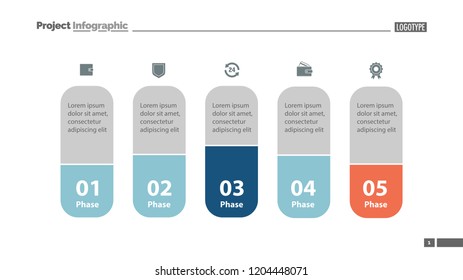 Five elements process chart slide template. Business data. Model, comparison, design. Concept for infographic, presentation, report. Can be used for topics like management, economics, analytics.