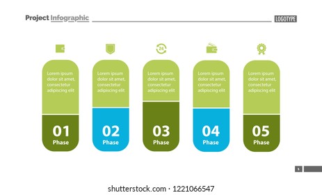Five elements process chart slide template. Business data. Model, comparison, design. Concept for infographic, presentation, report. Can be used for topics like management, economics, analytics.