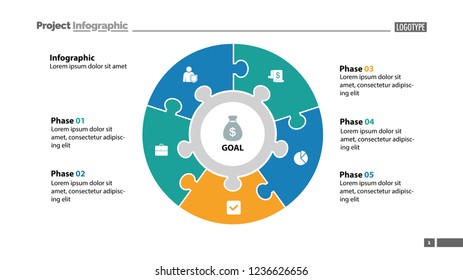 Five elements process chart slide template. Business data. Plan, circle, design. Creative concept for infographic, presentation, report. Can be used for topics like management, finance, teamwork.