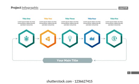 Five elements process chart slide template. Business data. Cycle, step, design. Creative concept for infographic, presentation, report. For topics like training, teamwork, finance.