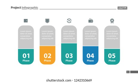 Five elements process chart slide template. Business data. Model, comparison, design. Concept for infographic, presentation, report. Can be used for topics like management, economics, analytics.