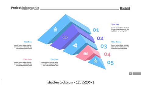 Five elements process chart slide template. Business data. Number, step, design. Creative concept for infographic, presentation, report. Can be used for topics like marketing, research, banking.