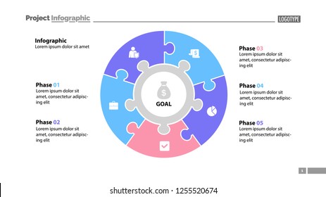 Five elements process chart slide template. Business data. Plan, circle, design. Creative concept for infographic, presentation, report. Can be used for topics like management, finance, teamwork.