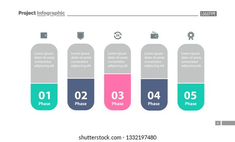Five elements process chart slide template. Business data. Model, comparison, design. Concept for infographic, presentation, report. Can be used for topics like management, economics, analytics