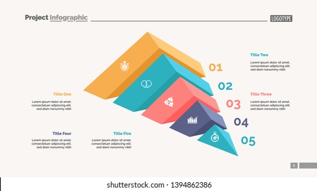 Five elements process chart slide template. Business data. Number, step, design. Creative concept for infographic, presentation, report. Can be used for topics like marketing, research, banking.
