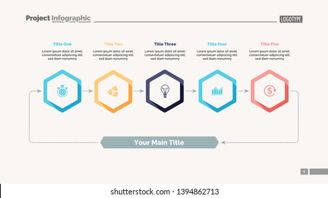 Five elements process chart slide template. Business data. Cycle, step, design. Creative concept for infographic, presentation, report. For topics like training, teamwork, finance.