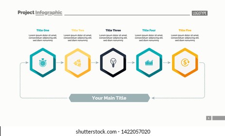 Five elements process chart slide template. Business data. Cycle, step, design. Creative concept for infographic, presentation, report. For topics like training, teamwork, finance.