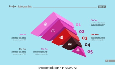 Five elements process chart slide template. Business data. Number, step, design. Creative concept for infographic, presentation, report. Can be used for topics like marketing, research, banking.